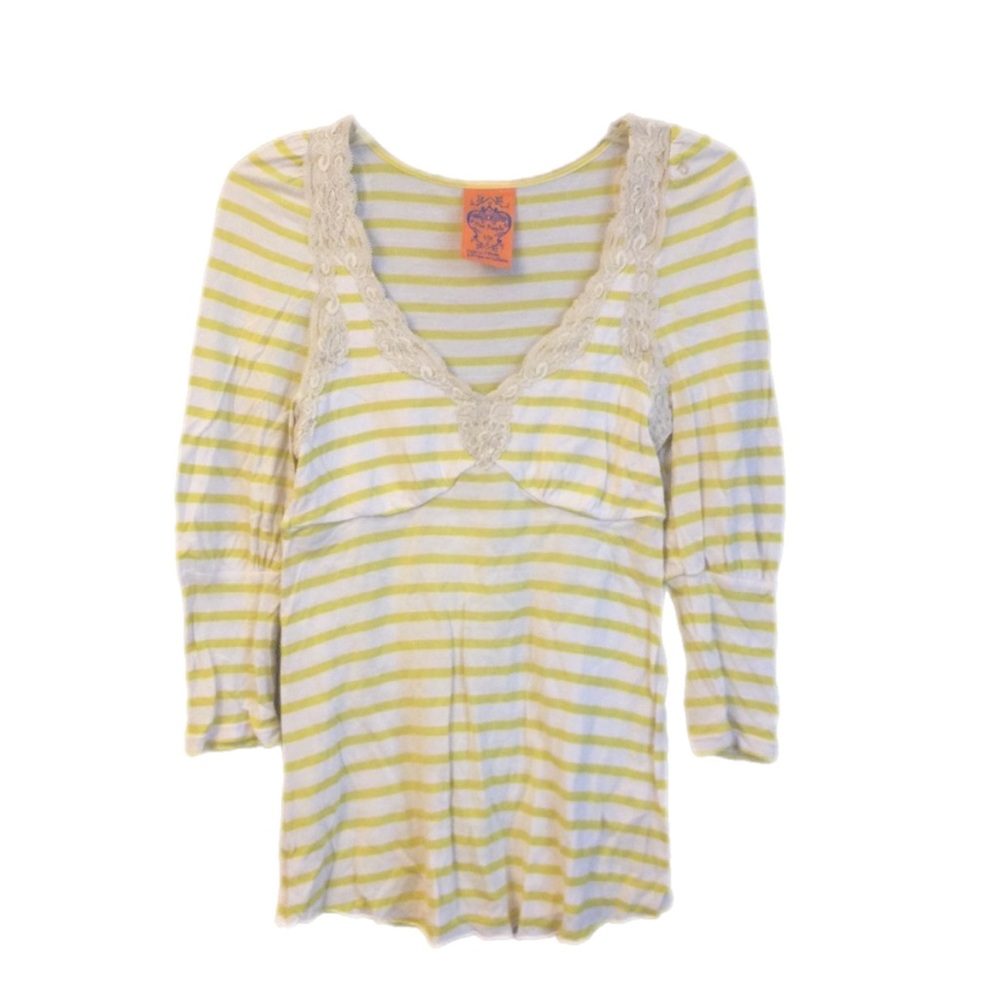 Free People top mustard stripe lace v neck babydoll low cut 3/4 sleeve c…
